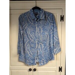 Talbots Wrinkle Resistant Blue White Paisley 3/4 Sleeve Button Up Shirt Sz 10